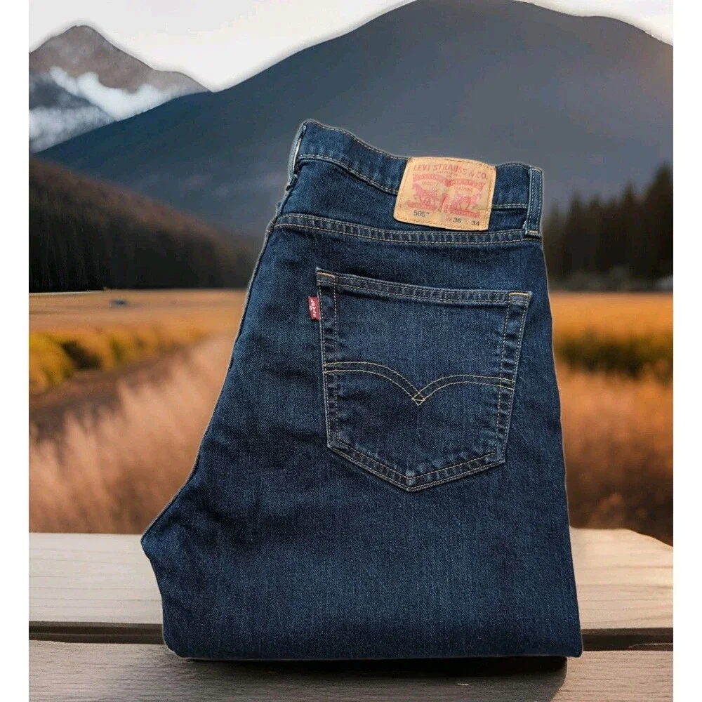 LEVI'S 505 DENIM STRAIGHT STRETCH BLUE JEANS in MENS SIZE 36 X 34 DARK WASH EUC